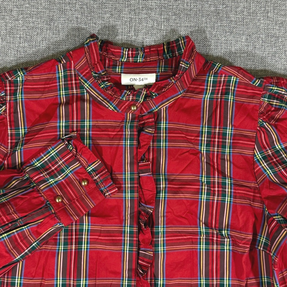 ON-34TH Plaid Ruffle Blouse Womens M Red Tartan Gold Button Preppy Holiday Shirt